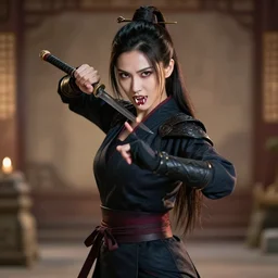 a beautiful, female asian vampire ninja who is baring her fangs and standing in a menacing pose, award - winning 4 k photograph