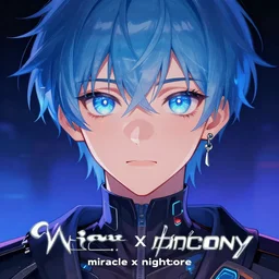miracle symphony x nightcore aesthetic, scenic upper body, technological optimism, stunning face and eyes, pixiv