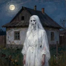a ( ( ghost woman in white dress ) ) in front of a 1 9 th century, old hungarian peasant house. closeup, atmoshperical, midnight, moon lighting, realistic, highly detailed, shadows, mysterious, oil canvas by szinyei merse pal, mednyanszky laszlo, meszoly geza, and lotz karoly