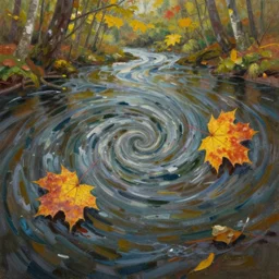 a whirlpool in a forest river, two autumn maple leaves circle around on opposite sides at the edges of the whirlpool, oil painting, midday,