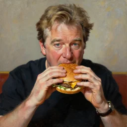 george lucas eating a cheeseburger, oil painting