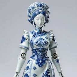 porcelain cyborg servant, Chinese Blue and white porcelain 14th Century, diffuse lighting, fantasy, intricate, elegant, highly detailed, lifelike, photorealistic, digital painting, artstation, illustration, concept art, smooth, sharp focus, art by John Collier and Albert Aublet and Krenz Cushart and Artem Demura and Alphonse Mucha