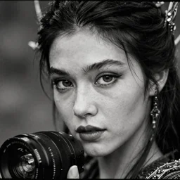 an emotionally intense hasselblad 4 0 mm f 1. 8 lens kosmo foto mono 3 5 mm analog film dramatic portrait closeup photograph of morgan le fay, a powerful and ambiguous fae enchantress from the arthurian legends, gazing at the camera with an intelligent and knowing look, by by mert alas