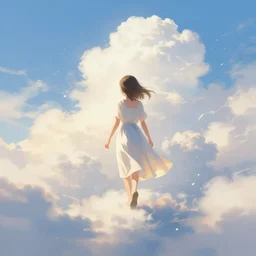 i walk in heaven, volumetric lighting, summer, eternal, clear weather, ethereal clouds, realistic illustration, perfectly shaded, soft painting, caustics, ( ( dust ) ), ( floating light particles ) art by krenz cushart and wenjun lin