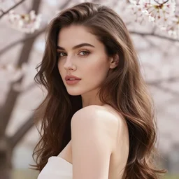 photo of a gorgeous female with long brown hair in the style of stefan kostic, realistic, body shot, sharp focus, 8 k high definition, insanely detailed, intricate, elegant, art by stanley lau and artgerm, cherry blossoms