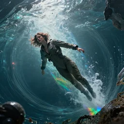 woman in flight suit plunging into an abyss, bubbles, currents, dyson sphere, wet reflections, prism, atmospheric, ambient, pj crook, syd mead, livia prima, artgerm, greg rutkowski, nick alm, casey baugh