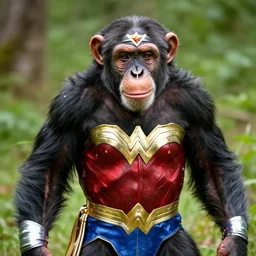 photos of a Chimpanzee dressed as Wonder Woman. A chimpanzee wearing Wonder Woman’s outfit, Photography in the style of National Geographic, photorealistic