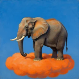 a painting of an elephant on a bright orange cloud in the style of magritte