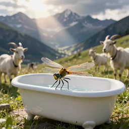 dragonfly in a bathtub in the alps, goats!! in background