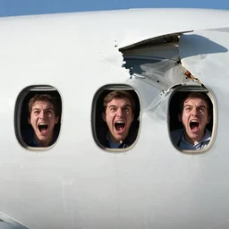 crashing airplane, screaming faces are visible in the windows, highly detailed photo