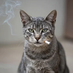 a grey manx cat smoking a cigarette, photograph