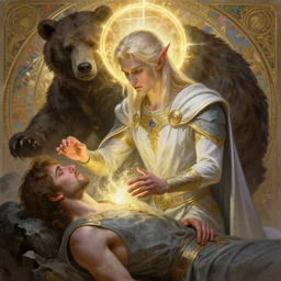calm and pious male aasimar paladin with no bear and halo above head, medium length platinum blonde hair, wearing white slate grey and gold vestments healing a wounded man with holy magic, pensive expression, highly detailed, cinematic lighting, illustration, painterly, art by Krenz Cushart and Artem Demura and alphonse mucha, intricate, masterpiece, fantasy, halo of light, d&d