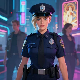 anime key visual of margot robbie police officer, neon, cyberpunk, futuristic, stunning, highly detailed, digital painting, artstation, smooth, soft focus, illustration, art by artgerm and greg rutkowski and alphonse mucha