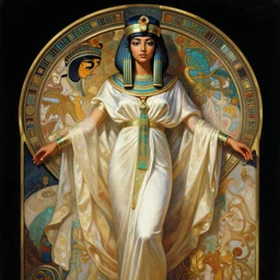 body portrait of beautiful egyptian pincess wearing a flowing silk robe, wearing an ornate ancient headress, full body portrait of a young beautiful woman high angle by terry o'neill intricate, elegant, highly detailed, digital painting, artstation, concept art, smooth, sharp focus, bold lighting, deep colors, dark background, illustration, art by artgerm and greg rutkowski and alphonse mucha, 8 k