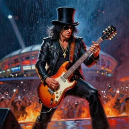 a painting of slash playing the guitar on stage in o 2 arena, rainy night, lights, particles, depth of field, raindrops, crowd, lights, top hat by beeple and stalenhag, featured on artstation, epic composition, dramatic theme, cgsociety, deviantart, conceptartworld, screenshot from guitar hero cutscene, brushstrokes, brushstroke - laden, flames
