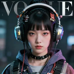 photorealistic concept portrait of cute cyber punk geisha girl from Japan. she is wearing heavy complicated future headsets. award winning, taken by canon 5d mk4, art lens, perfect lighting, sci-fi, at 2200, vogue magazine, fashion week super model
