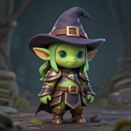cute tiny goblin girl with green skin wearing hunter armor from Bloodborne and a wizard hat, d&d, art by Shadbase