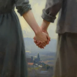 a couple holding hands during the end of the world, oil painting, very beautiful