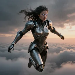 biblical diabolical beautiful female valkyree android, slick metal plastic armor, jump, heavy eyes to the side, closeup, bright glowing eyes, in clouds, rain, sunset, portrait, by gerald brom, by mikhail vrubel, by peter elson, muted colors, extreme detail, reflections, trending on artstation, 8 k