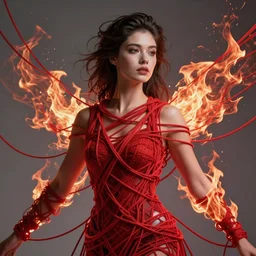 a highly detalied digital image of a beautiful futuristic woman elegantly tangled in fiery red threads, by Andrew Chiampo, artstation, and Frederik Heyman, extremely detailed woman, stunning volumetric lighting, hyper realism, fantasy 4k, 8k