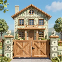 Bill gates building a wood gate made of dollar bills,, smooth, sharp focus,, pixiv, ultra highly detailed