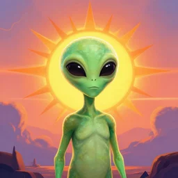 a friendly alien embodying artificial intelligence creative entrepreneurship as the essence of a sunrise vivid iconic