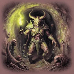 airbrush drawing macro sewer tunnel baphomet orcus hybrid, full bodied shot, random animal | viscera as god |, carapace armor, claustrophobically crowded inferno a deep in sewer tunnel, chris foss, enric torres, wayne d barlowe, alberto bontempi, feng zu hyper realism, torch light, muted horror of puce lime colors, epic,