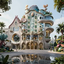 highly detailed futuristic architecture by Antoni Gaudí, floating buildings, reflective lighting, empty streetscapes, lush alien vegetation, ground-level view, puddles of water, stunning sunny lighting, sunrise, vivid colors, in the style of pixar animation, trending on Artstation, 8k, matte painting, ray tracing, hyper detailed, unreal engine 5, cinematic, epic lighting, cryengine, octane render, cyberpunk, red and orange glow, vibrant