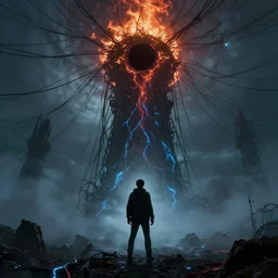 devil, scary, magical area, foggy area, by greg rutkowski, sharp focus, man standing, tower, black hole sucking, fire, apocalypse, so many wires, glowing blue veins