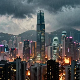 3 5 mm atmospheric dusk urban photographic landscape of hong kong 2 0 xx, blade runner 1 9 8 2 city, matte painting, cinematic composition, futuristic dystopian megacity skyline with towering mega - skyscrapers, falling acid rain, neon, industrial fires and smog, dramatic cinematography 3 5 mm