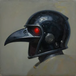 side profile view of neon raven black bird beak helmet. game informer ( 1 9 8 9 ). raypunk. dieselpunk. oil on canvas by ralph mcquarrie