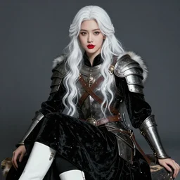 portrait of a warrior, amazon, slav, very beautiful face, pleasant facial features, red lips, long snow - white hair, black closed velvet dress, leather armor, iron armor, white boots, fur, clothes alexander mcqueen very beautiful style, photorealism, bouguereau, edgard maxence