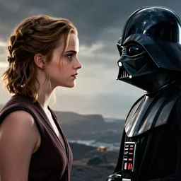 side view of emma watson facing darth vader, star wars movie poster