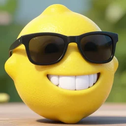 Photo of a lemon character wearing sunglasses and smiling with perfect bright white teeth