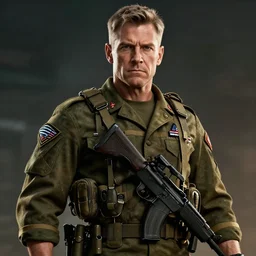 mr. rodgers in military gear looking tough, movie poster, intricate, hyper detailed, accent lighting, dramatic light, 4 k octane render