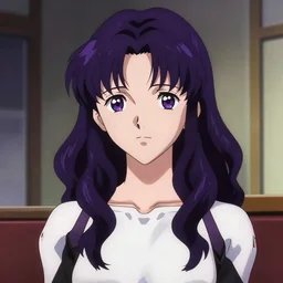 close portrait. interior bg. screenshot of a scene in neongenesisevangelion of ltc katsuragi misato 2 9 painted by norman rockwell. character designed by hideaki anno. long shoulderlength wavy! dark purple hair. digital. lighting by james gurney. trending on artstation. masterpiece. artgerm mucha rutkowski.
