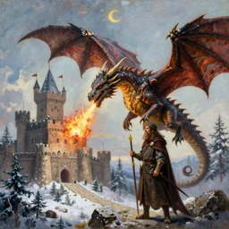 hyperrealistic classical oil painting, as a digital illustration, of a lifelike medieval dragon breathing fire upon a castle, as a dnd character, ultradetailed, surrounded by cold taiga, high readability, trending on artstation, dreamlike, art by brothers hildebrandt