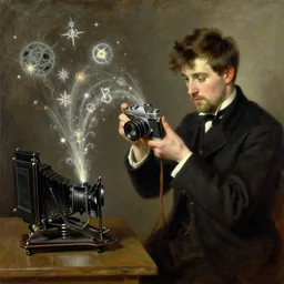 john singer sargent painting of magical spells pouring out of a vintage camera by ilya repin, craig mullins