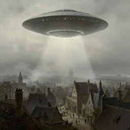 ufo's invading a medieval town, foggy and overcast, albert bierstadt, thomas cole, desaturated colors, cosmic horror