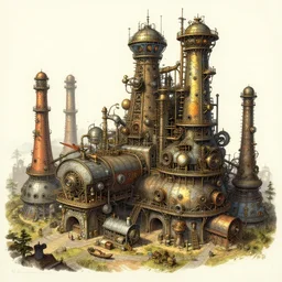 a detailed concept art of a steampunk factory, by moebius, by beeple