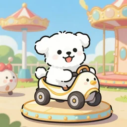 small white maltese shihtzu mix dog riding merry - go - round smiling full color digital illustration in the style of don bluth, artgerm, artstation trending, 4 k