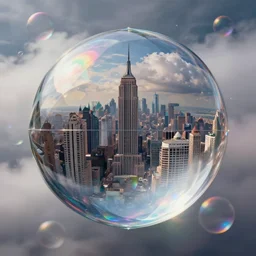 a gigantic city contained in a diamond glass orb, where the image of the city inside is distorted by light refraction, smoky glass, and clouds surrounding it, multicolor, rainbow, bubbles, blender