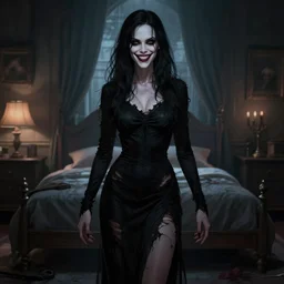 gorgeous alyson hannigan, evil dead movie, full body shot, torn black dress, evil smile, spooky, illustration, symmetrical face realistic symmetrical eyes, bedroom setting, cinematic lighting, evil dead, undead demon, artgerm, hyperdetailed, charlie bowater