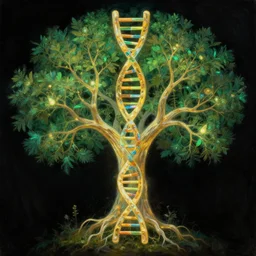 human dna! is biblical! rooted!!! translucent tree! of wisdom!! and knowledge! and enlightenment!, enchanted golden and green botany illustration, dark background, by marianne north, by android jones, hyperrealistic digital bioluminiscent oil painting, very coherent symmetry, octane render, high contrast