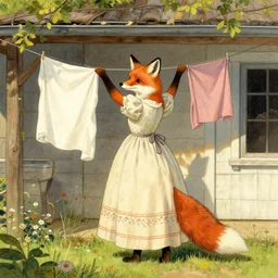 an anthropomorphic fox hangs up clothing outside her country home, she wears a large dress, illustration by Mary Jane Begin, Steven James Petruccio, Keren Katz, Thomas Kinkade