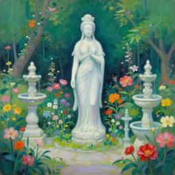 strange pagan japanese garden with an ancient eldritch female god statue by gertrude abercrombie, focus on the garden with flowers and pagan fountains, very cohesive and vibrant, serenity, hyperminimalist, 8 k, surreal oil painting, highly detailed, dream like, masterpiece
