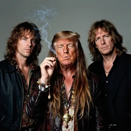 donald trump with long hippie hair, smoking cannabis, photographed with cheech and chong in the style of annie leibovitz, studio lighting