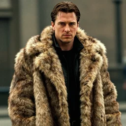 film still of Christian Bale as Tyler Durden wearing big fur coat in Fight Club 1999