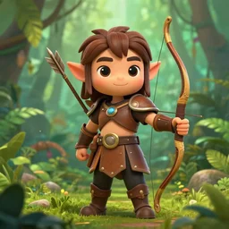 Gorgeous Jungle Ranger, cute face, brown armor, thick bow, ornamental arrows, high fantasy, elf ears, brown hair, black pants, trending on artstation, artstationHD, artstationHQ, cgsociety, octane, realistic, enticing, intrinsic, by leng jun, by frank franzzeta