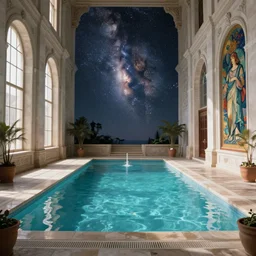 peter tarka, minimalistic, hyperrealistic surrealism, award winning masterpiece with incredible details, epic stunning, indoor roman pool with lots of natural sunlight, a surreal vaporwave liminal space, highly detailed, trending on ArtStation, artgerm and greg rutkowski and alphonse mucha, daily deviation, IAMAG, nightscape, milkyway